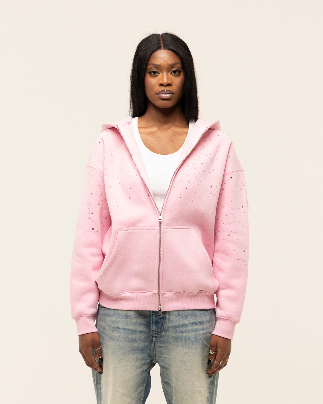 FW25|RHINESTONE PINK ZIP-HOODIE