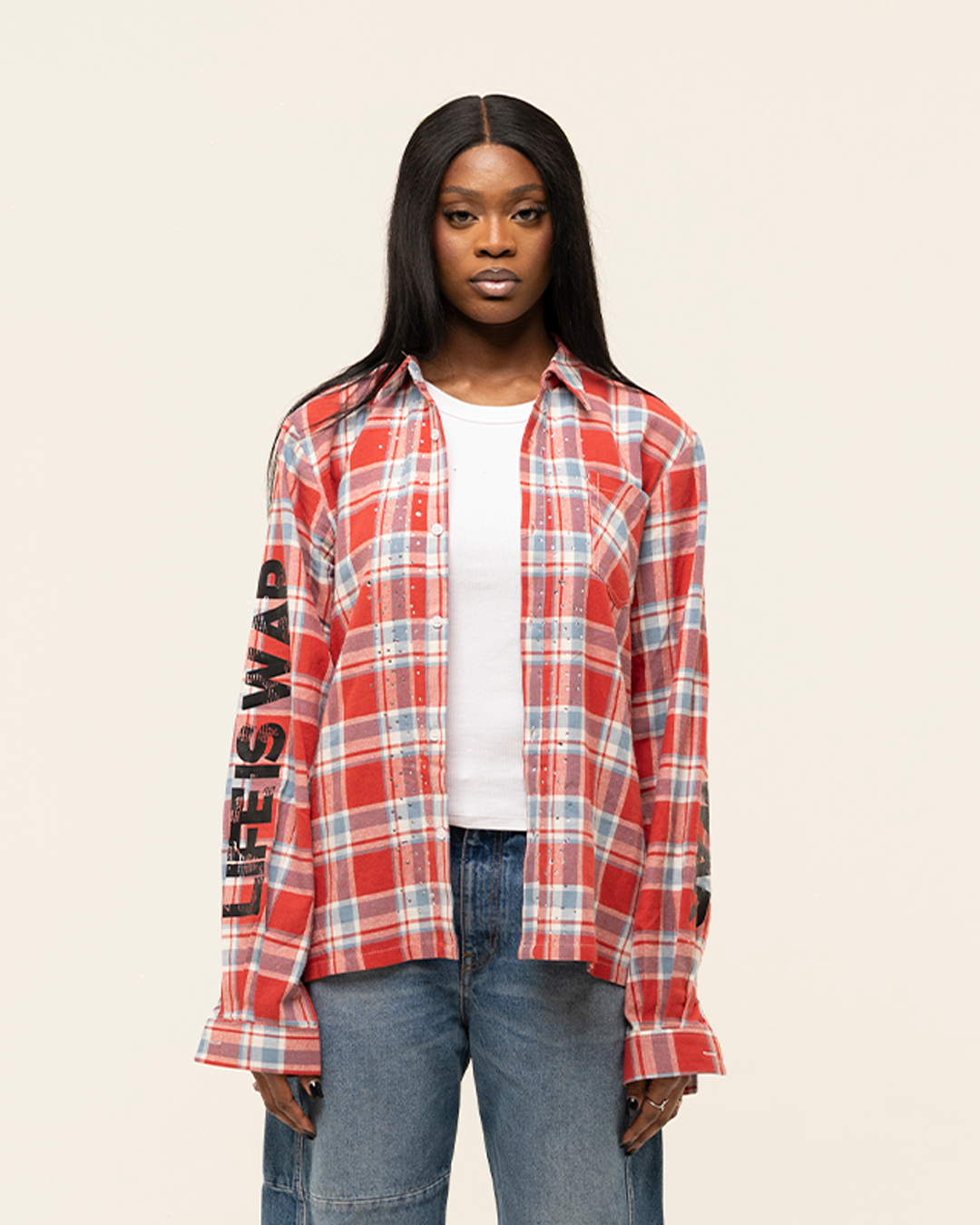 FW25|RED RHINESTONE LIFE IS WAR FLANNEL