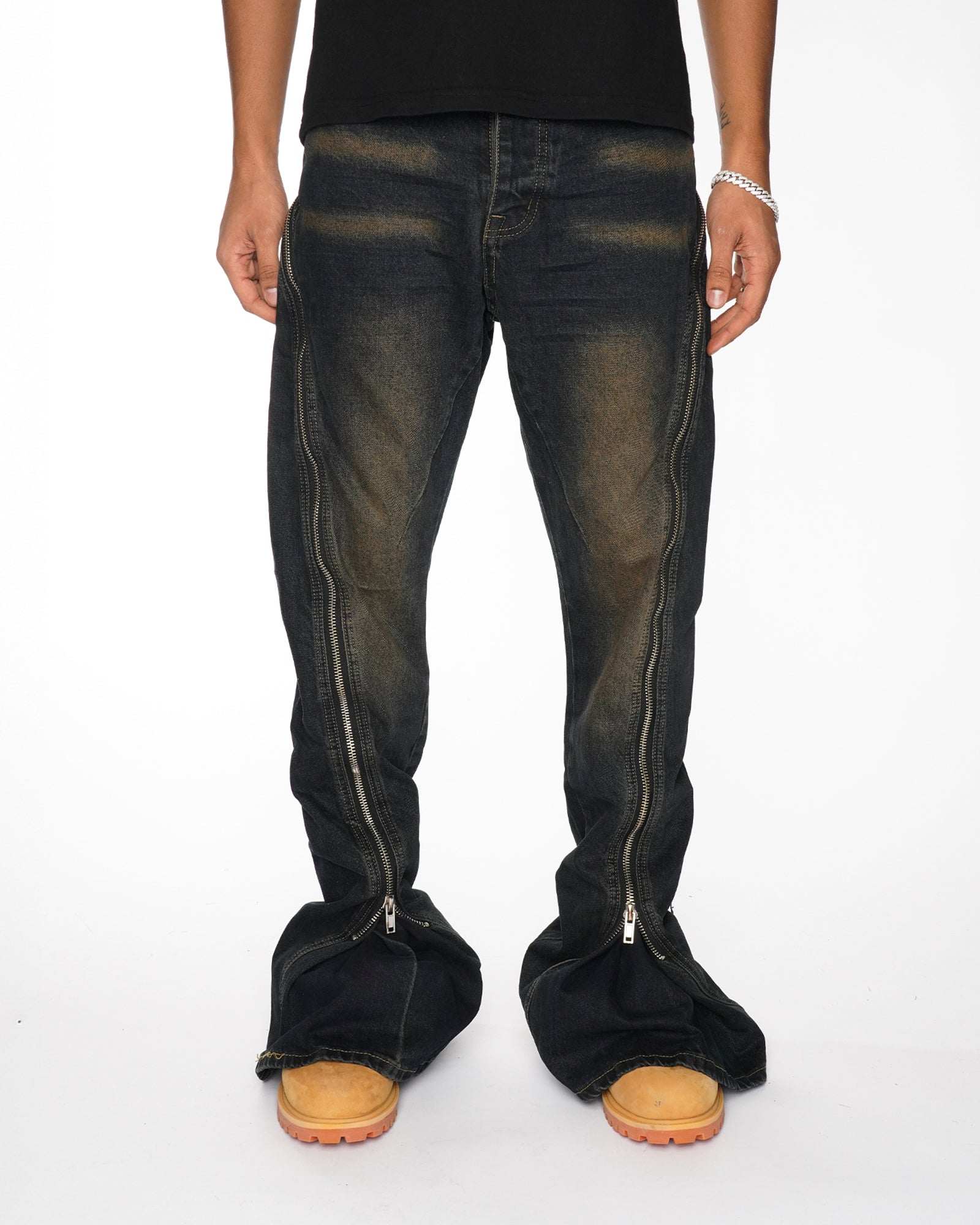 SP10|DISTRESSED DUAL-ZIP DENIM