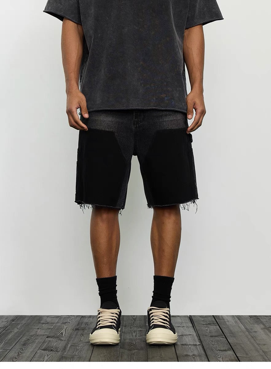 SH2|BLACK PATCH-WORK DENIM SHORT