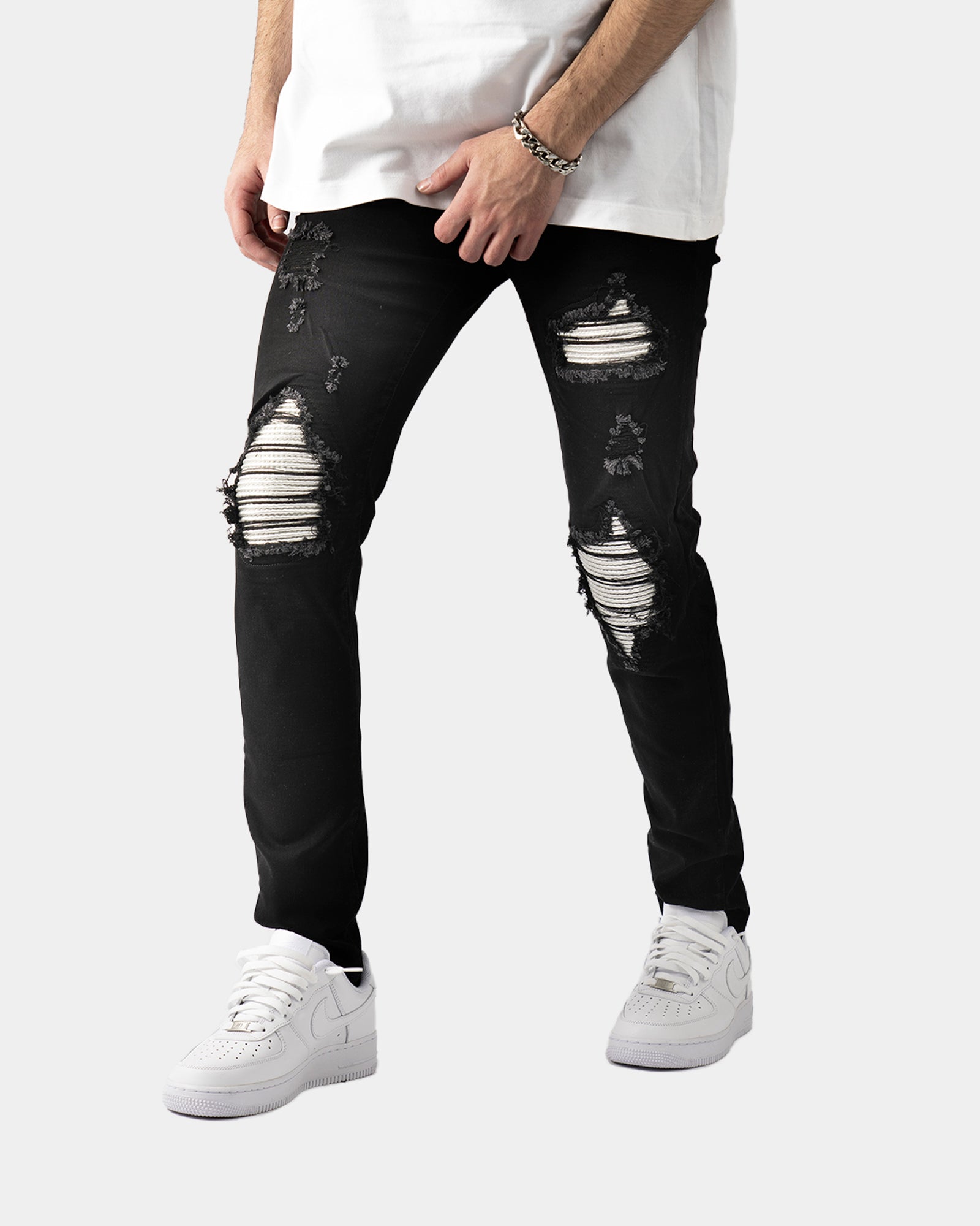 SK33|WHITE LEATHER SKINNY DENIM