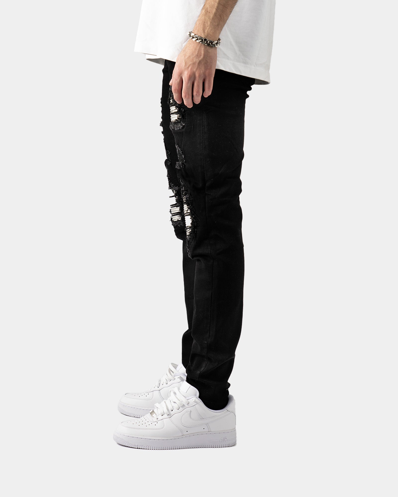 SK33|WHITE LEATHER SKINNY DENIM