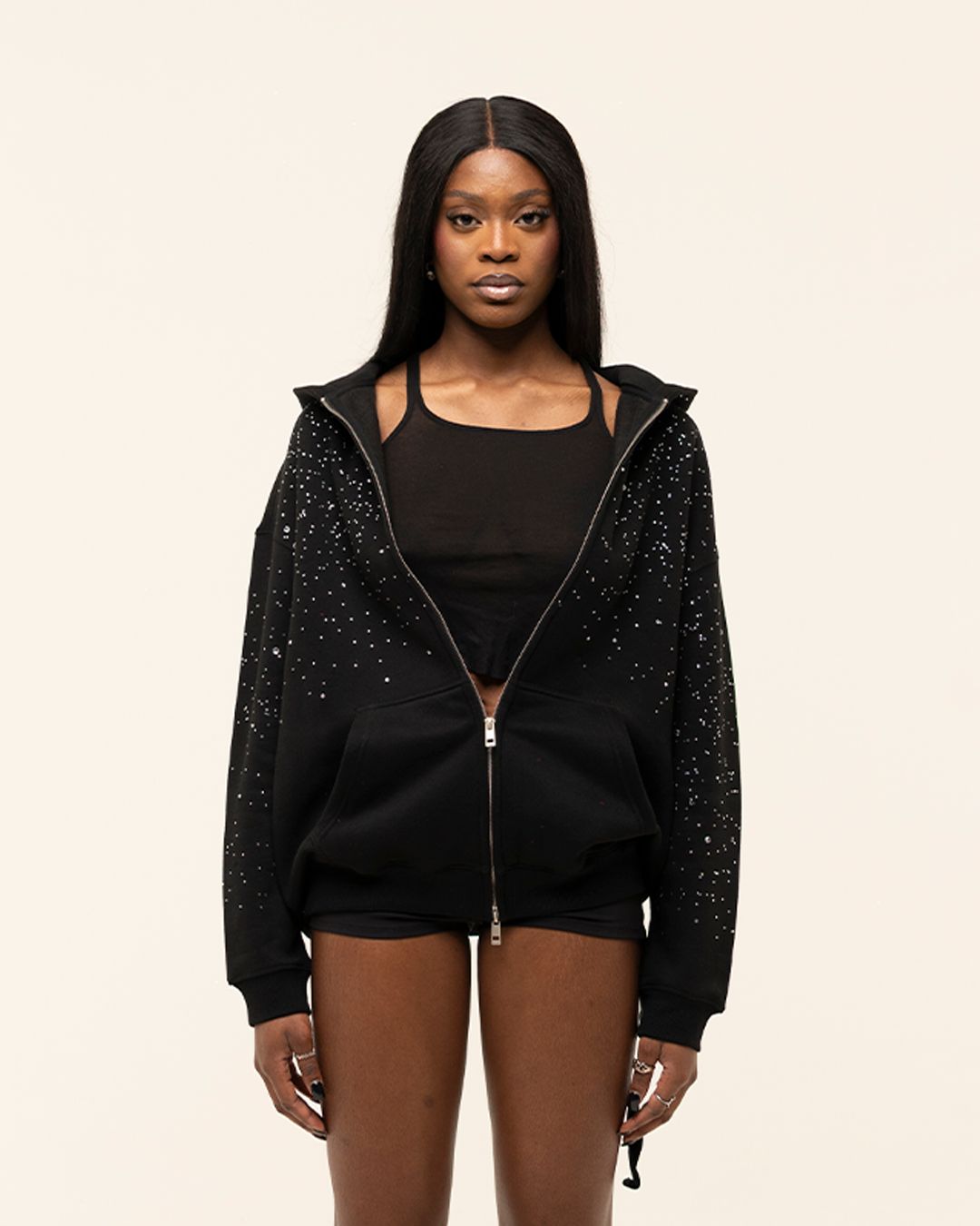 FW25|RHINESTONE BLACK ZIP-HOODIE