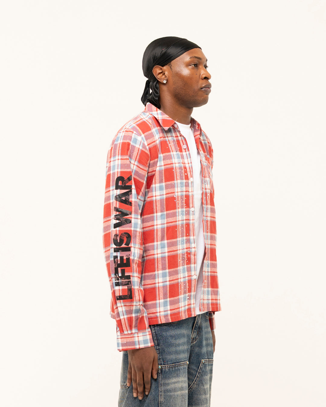 FW25|RED RHINESTONE LIFE IS WAR FLANNEL